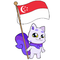a cartoon drawing of a cat holding a flag of singapore