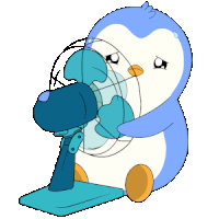 a cartoon penguin is holding a blue fan