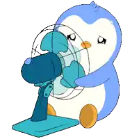 a cartoon penguin is holding a blue fan