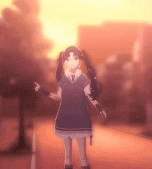 a girl with pigtails is standing in front of a tree