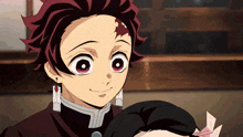 a close up of a cartoon character with red eyes and earrings