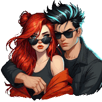 a drawing of a man and a woman with red hair wearing sunglasses