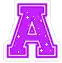 a purple letter a with stars and a white border .