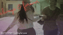 a poster for deepsystem looking for love shows a man and woman dancing
