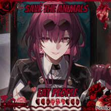 a picture of a girl with the words save the animals eat people on it