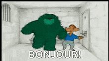 a cartoon character is standing next to a monster in a room .