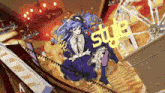 a girl with blue hair is sitting in front of a ferris wheel with the word style written in yellow