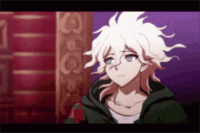 a cartoon character with white hair and green eyes is standing in front of a bookshelf .