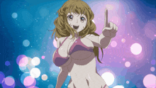 a woman in a bikini is pointing upwards