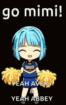 a cartoon of a cheerleader holding pom poms with the words `` go mimi ! ''