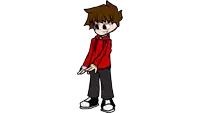 a cartoon boy is wearing a red hoodie and black pants