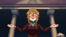 a girl with blonde hair and glasses is standing with her arms outstretched