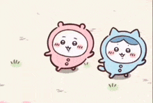 a couple of cartoon characters are standing next to each other in a field .