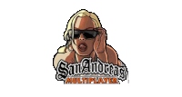 a logo for san andreas multiplayer shows a blonde woman wearing sunglasses