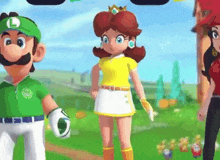 mario and daisy are standing next to each other on a golf course .