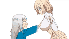 two anime girls are standing next to each other and one has a huge breast