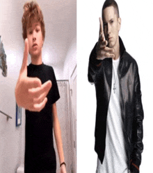 a young boy giving a thumbs up next to an eminem picture