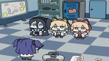 a cartoon of three girls standing in a room with a locker that says yumm