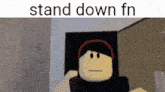 a picture of a roblox character with the words stand down fn on it