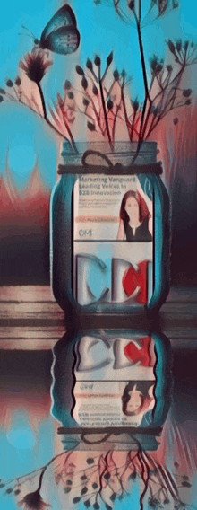 a mason jar with a picture of a woman and the word marketing vanguard on it