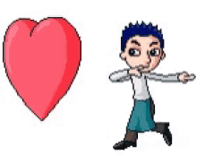 a pixel art of a boy running next to a red heart