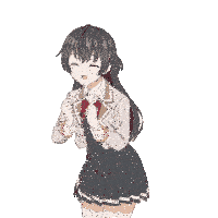 a girl in a school uniform with a red bow tie is smiling
