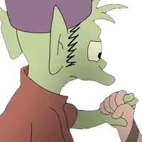 a cartoon drawing of a green monster with a purple hat and a hand