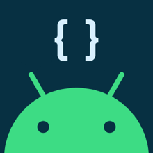 a green android with brackets above it on a dark background