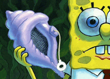 a cartoon of spongebob holding a seashell with a needle sticking out of it