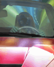 a painting of a person driving a car with a steering wheel
