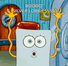 a cartoon character from spongebob squarepants is holding a telephone with a surprised look on his face .