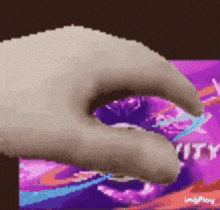 a hand is reaching out towards a purple background with the word city written on it