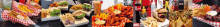 a collage of different types of food including french fries and chicken wings