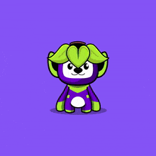a purple bear with a flower on its head is laying down on a purple background