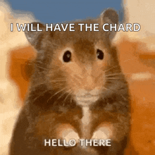 a close up of a hamster with the words i will have the chard hello there