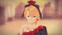 a drawing of a girl with roses on her dress