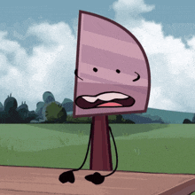 a cartoon character is sitting on a wooden table with a knife on it 's head