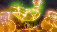 a cartoon drawing of a yellow object with a green light behind it