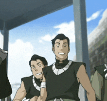 a group of cartoon characters standing next to each other and smiling