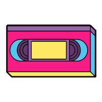 a colorful vhs tape in a box on a white background