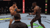 two men are fighting in a boxing ring with ufcstore.com written on the corner