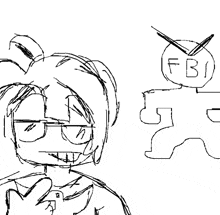 a black and white drawing of a man with glasses and a fbi logo on his head
