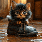 a kitten is sitting in a shoe with a watermark that says smwichna