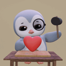 a penguin holding a heart and a hammer with a broken heart behind it