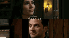 a man and a woman are looking at each other with the word intense written above them