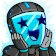 a pixel art drawing of a robot wearing a helmet and a mask with stars on its eyes .