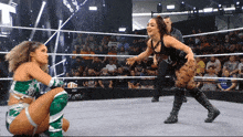 two women are wrestling in a ring with a crowd in the stands