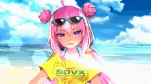 a girl with pink hair is wearing sunglasses and a yellow shirt with the word sovx on it