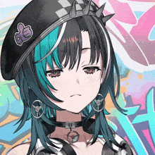 a drawing of a girl with blue hair and a beret