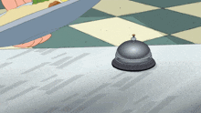 a cartoon drawing of a person holding a plate of food and a bell